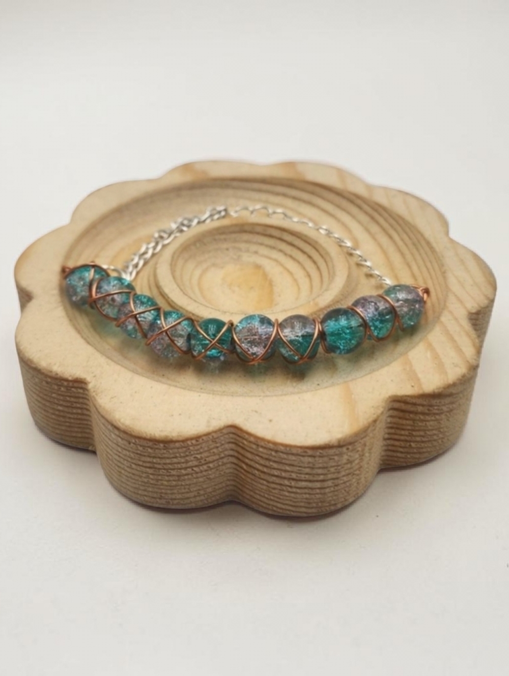 Teal & Blue Crackle Glass Wire-Wrapped Bracelet – Copper Cage Handmade